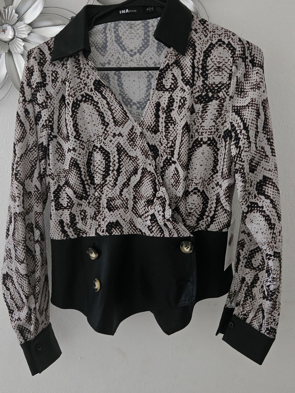 INA Faux-Leather Trim Snake Print Jacket - Black & Cream